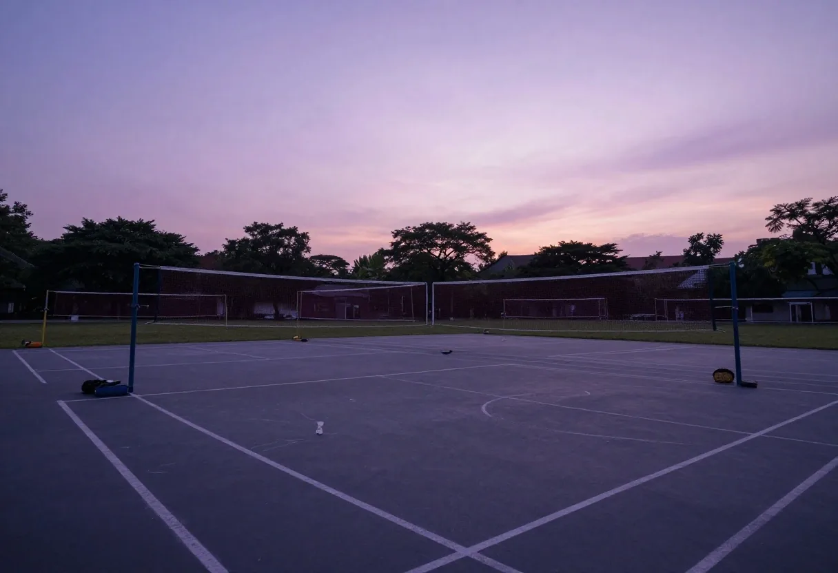 A player mid-motion on an outdoor badminton court at dusk in Jakarta
