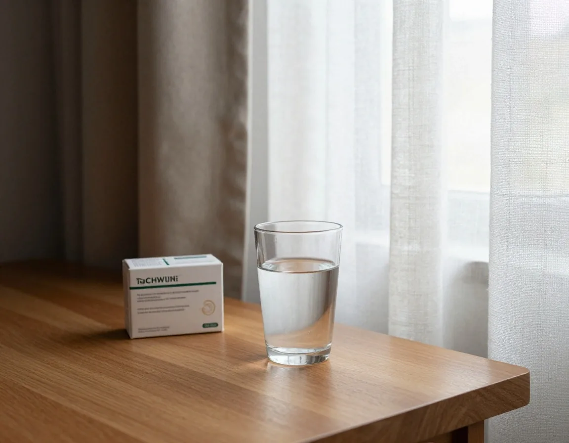 A glass of water and a plain supplement carton on a desk in Jakarta morning light