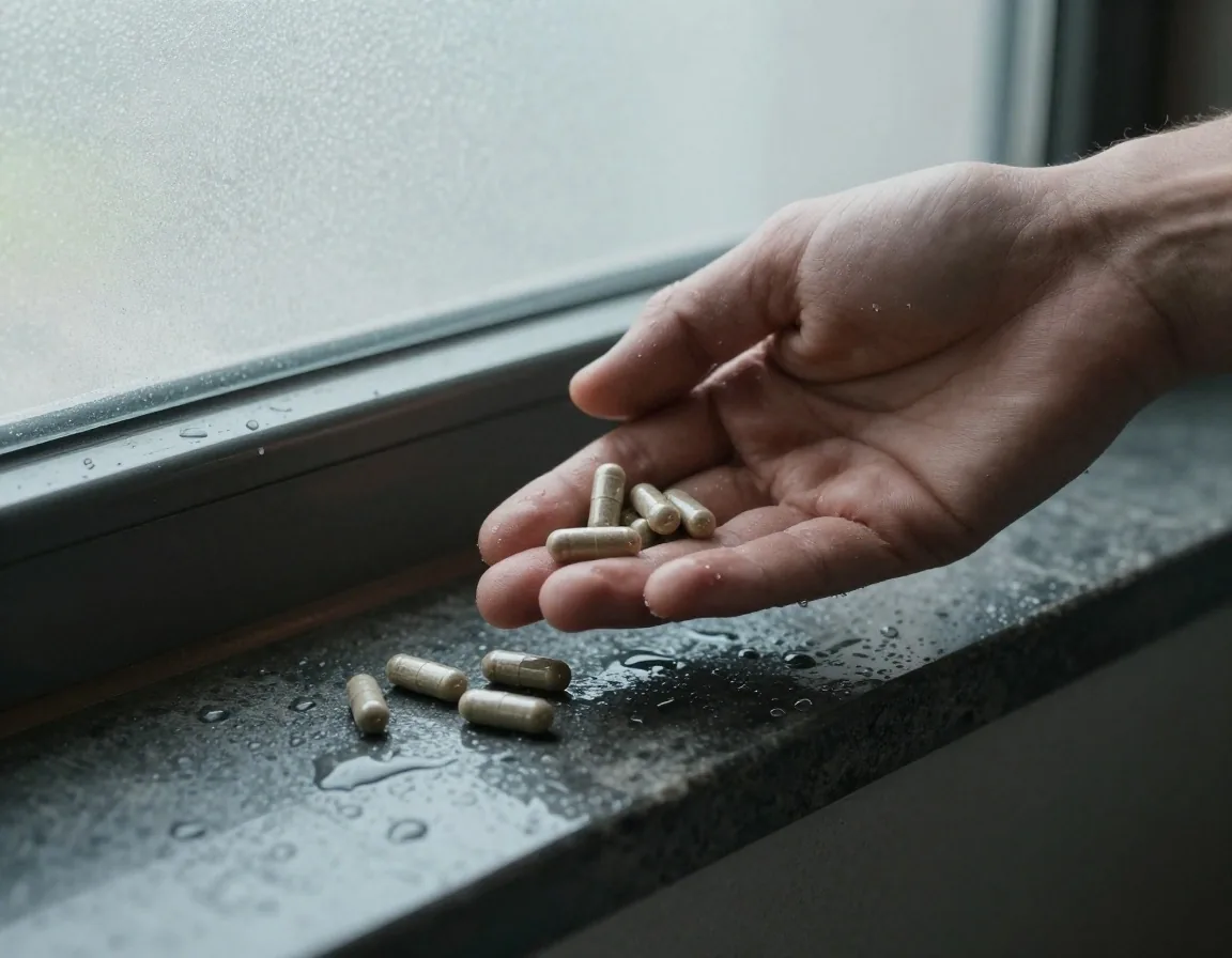 Matte supplement capsules arranged on a dark stone surface under cool side lighting